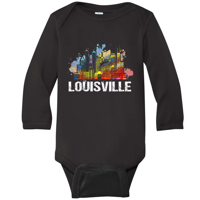 Vintage Retro Louisville Kentucky Skyline Gift Baby Long Sleeve Bodysuit