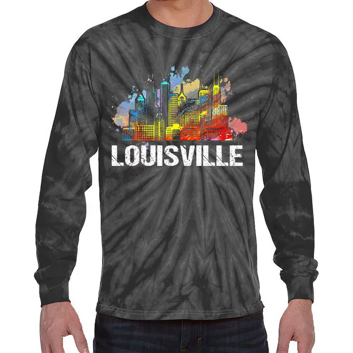 Vintage Retro Louisville Kentucky Skyline Gift Tie-Dye Long Sleeve Shirt