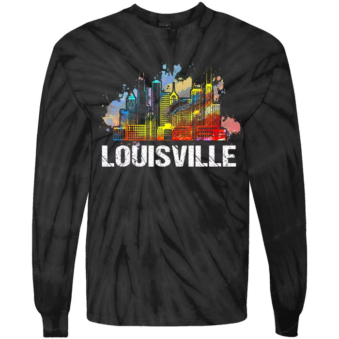 Vintage Retro Louisville Kentucky Skyline Gift Tie-Dye Long Sleeve Shirt