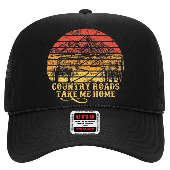 Vintage Retro Music Country Roads Take Me Home High Crown Mesh Trucker Hat