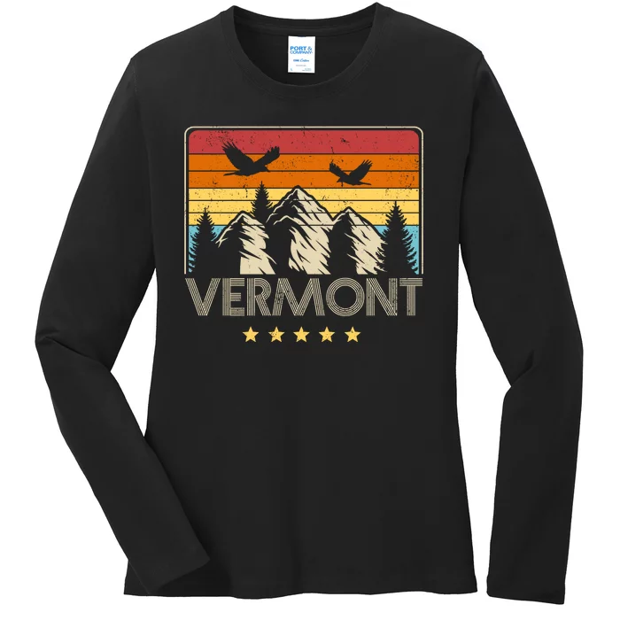 Vermont Retro Mountain Eagle Ladies Long Sleeve Shirt