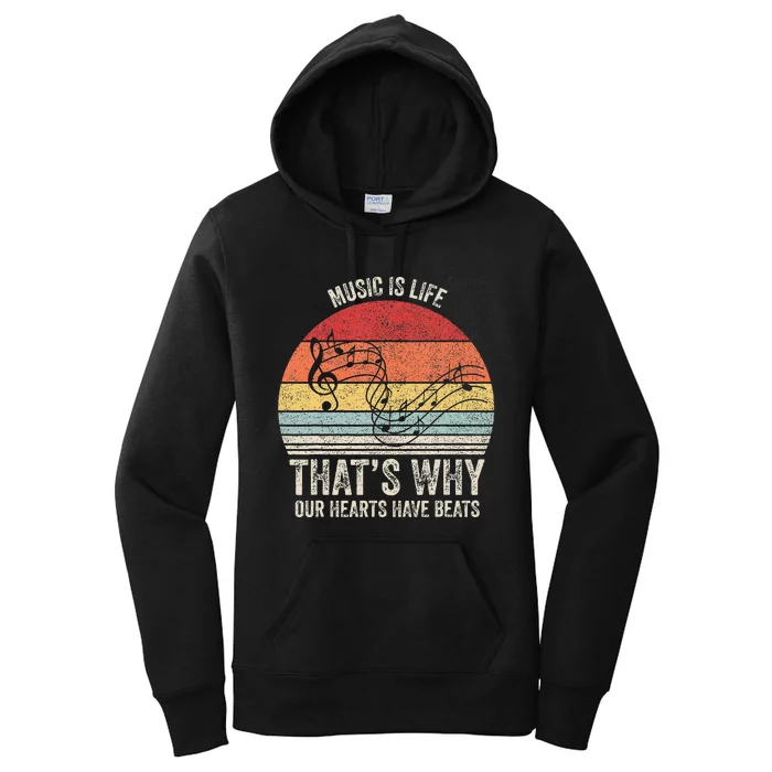 Vintage Retro Music Is Life Thats Why Our Hearts Have Beats Women's Pullover Hoodie