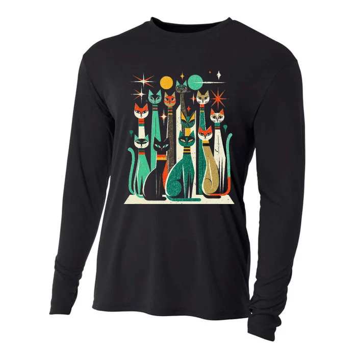 Vintage Retro Mid Century Long Neck Cats 50s 60s Style Cooling Performance Long Sleeve Crew