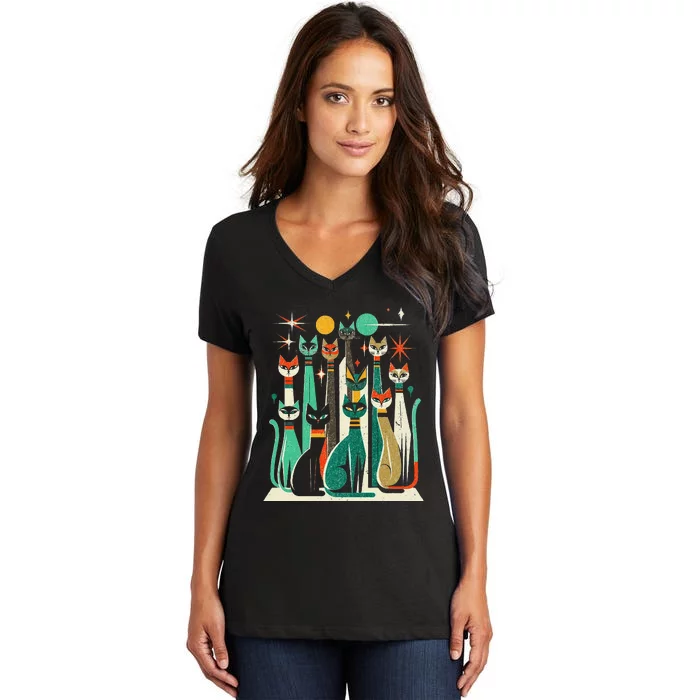 Vintage Retro Mid Century Long Neck Cats 50s 60s Style Women's V-Neck T-Shirt