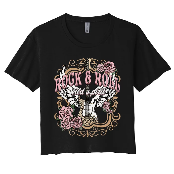 Vintage Rock N Roll Wild Spirit Lets Rock Guitar Floral Women's Crop Top Tee