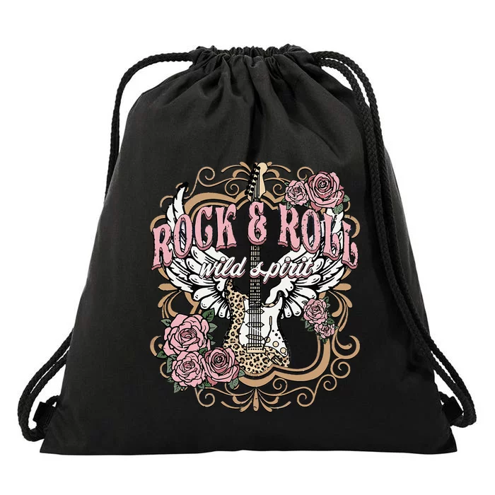 Vintage Rock N Roll Wild Spirit Lets Rock Guitar Floral Drawstring Bag