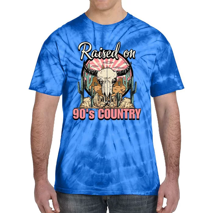 Vintage Raised On 90S Country Music Bull Skull Western Tie-Dye T-Shirt