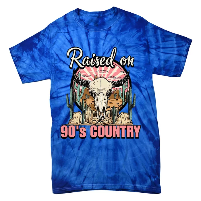 Vintage Raised On 90S Country Music Bull Skull Western Tie-Dye T-Shirt