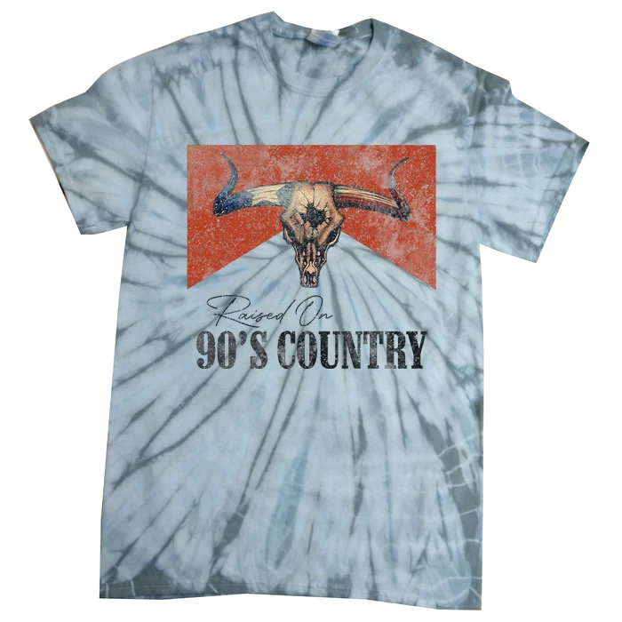 Vintage Raised On 90S Country Music Bull Skull Western Tie-Dye T-Shirt