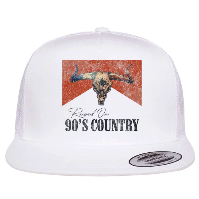 Vintage Raised On 90S Country Music Bull Skull Western Flat Bill Trucker Hat