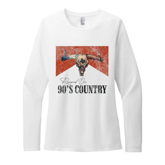 Vintage Raised On 90s Country Music Bull Skull Western Womens CVC Long Sleeve Shirt