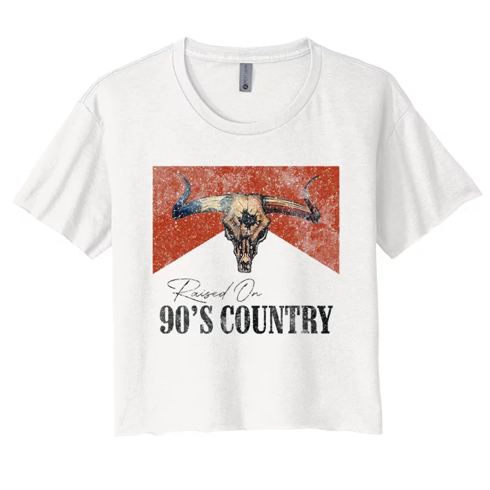 Vintage Raised On 90s Country Music Bull Skull Western Women's Crop Top Tee