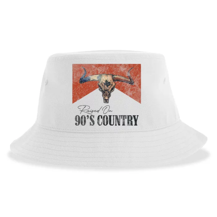 Vintage Raised On 90s Country Music Bull Skull Western Sustainable Bucket Hat