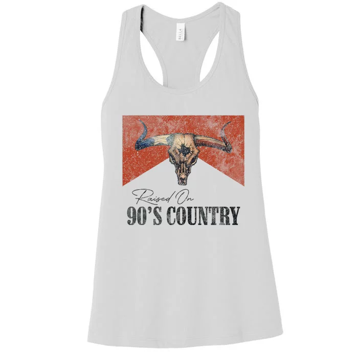 Vintage Raised On 90s Country Music Bull Skull Western Women's Racerback Tank