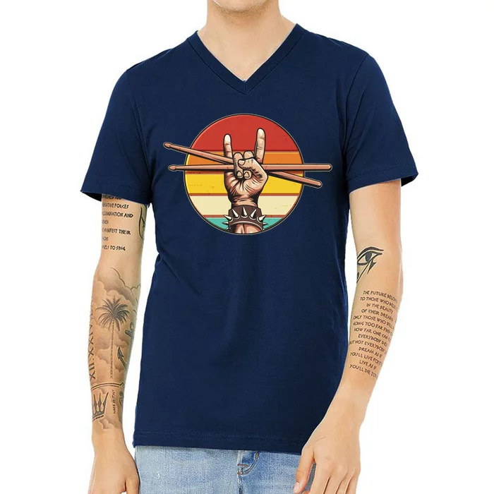 Vintage Rock One Drummer Drum Sticks V-Neck T-Shirt