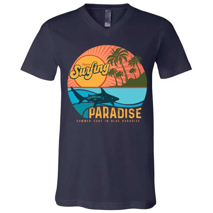 Vintage Retro Orignal Surfing Paradise Shark V-Neck T-Shirt