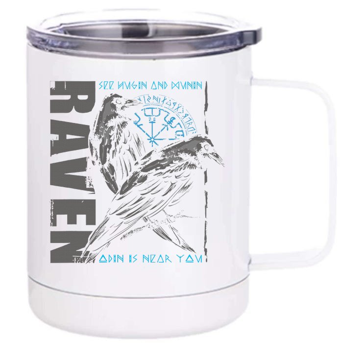 Valhalla Raven Odins Runes Norse Compass Viking Front & Back 12oz Stainless Steel Tumbler Cup