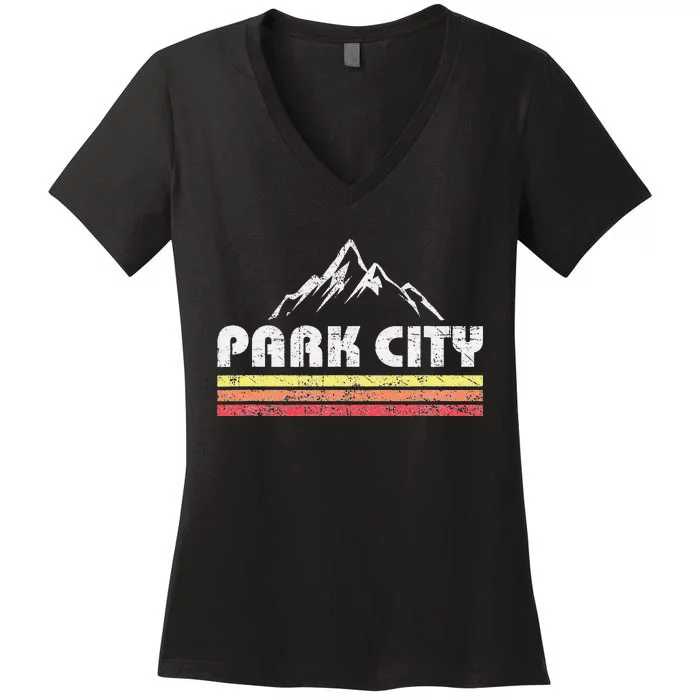 Vintage Retro Park City Utah Mountain Faded Bars Ski Sports Women's V-Neck T-Shirt