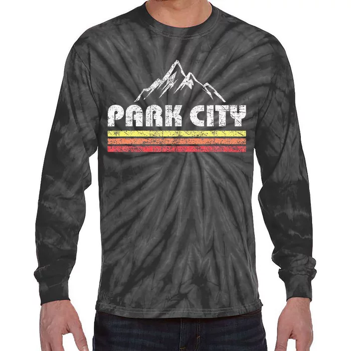 Vintage Retro Park City Utah Mountain Faded Bars Ski Sports Tie-Dye Long Sleeve Shirt