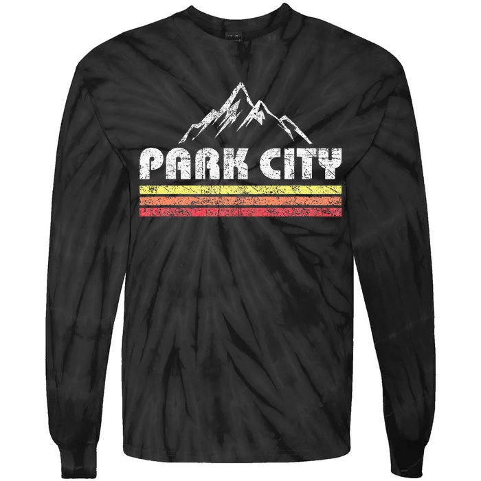 Vintage Retro Park City Utah Mountain Faded Bars Ski Sports Tie-Dye Long Sleeve Shirt