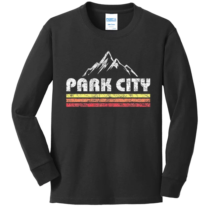 Vintage Retro Park City Utah Mountain Faded Bars Ski Sports Kids Long Sleeve Shirt