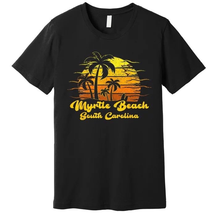 Vintage Retro Palm Tree Sunset South Carolina Myrtle Beach Premium T-Shirt