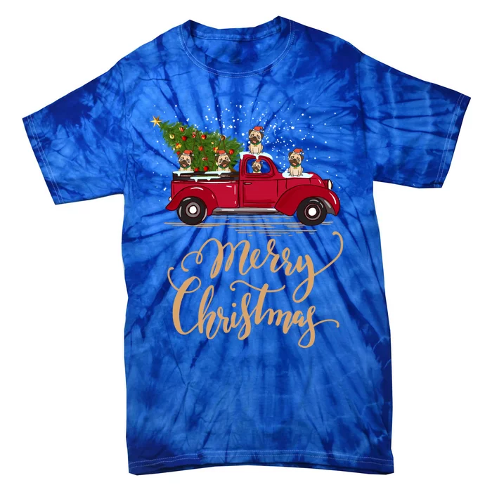 Vintage Retro Pug Drive Christmas Tree Truck Pug Christmas Gift Tie-Dye T-Shirt