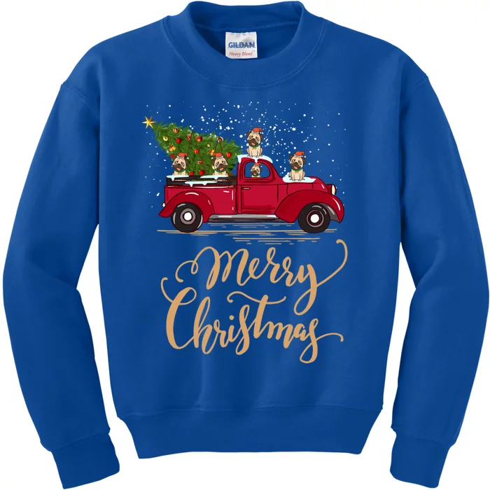 Vintage Retro Pug Drive Christmas Tree Truck Pug Christmas Gift Kids Sweatshirt