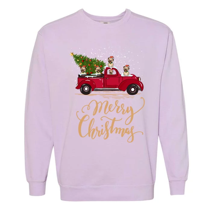 Vintage Retro Pug Drive Christmas Tree Truck Pug Christmas Gift Garment-Dyed Sweatshirt