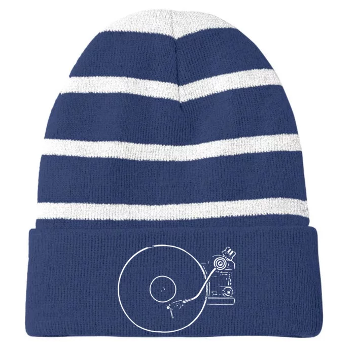 Vinyl Record Player Sketch Drawing Striped Beanie with Solid Band