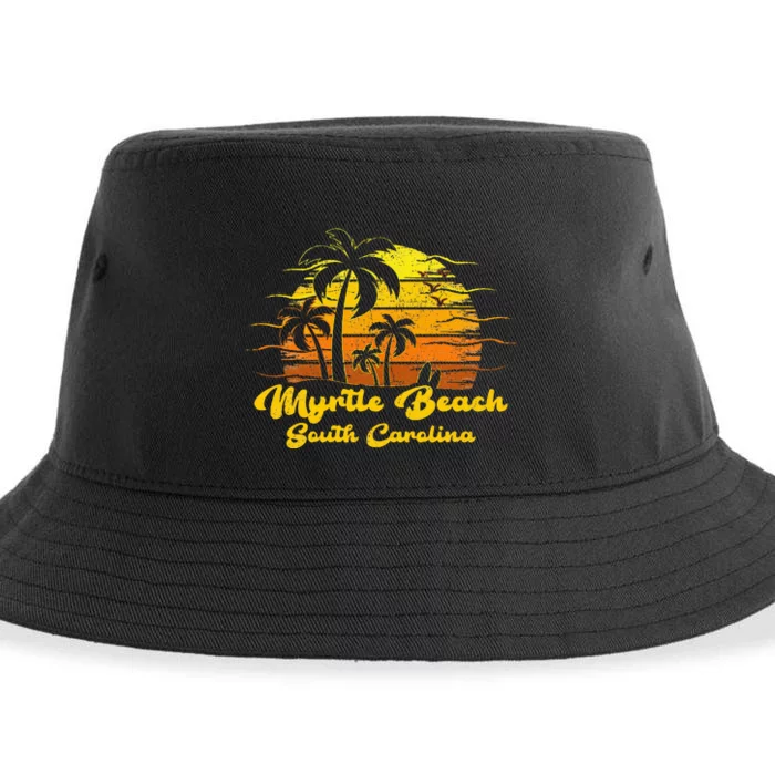 Vintage Retro Palm Tree Sunset South Carolina Myrtle Beach Sustainable Bucket Hat