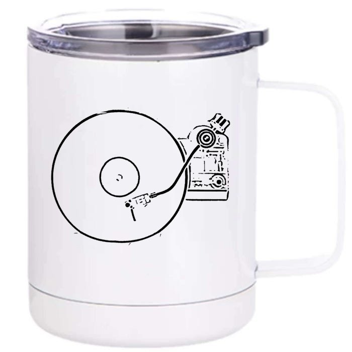 Vinyl Record Player Sketch Drawing Gift Front & Back 12oz Stainless Steel Tumbler Cup