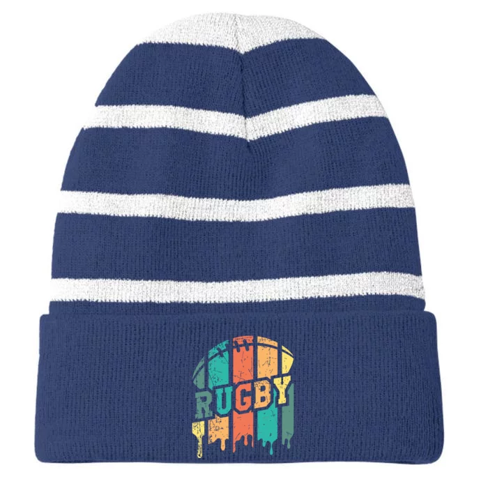 Vintage Retro Rugby Player Rugby Fan Rugby Coach Striped Beanie with Solid Band