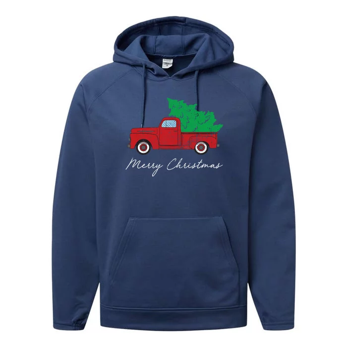 Vintage Retro Red Truck Pick Up Christmas Tree Xmas Funny Gift Cute Gift Performance Fleece Hoodie