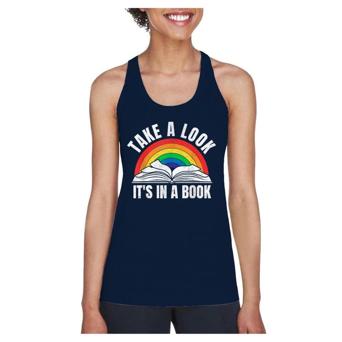 Vintage Retro Rainbow Take A Look It's In A Book Reading Art Women's Racerback Tank