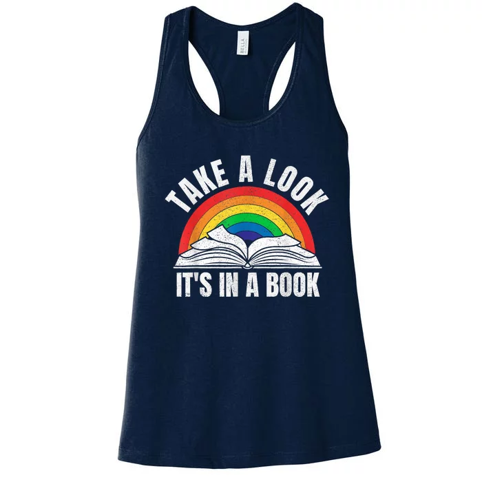 Vintage Retro Rainbow Take A Look It's In A Book Reading Art Women's Racerback Tank