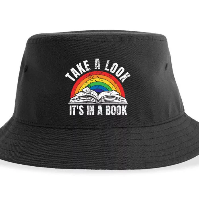 Vintage Retro Rainbow Take A Look It's In A Book Reading Art Sustainable Bucket Hat