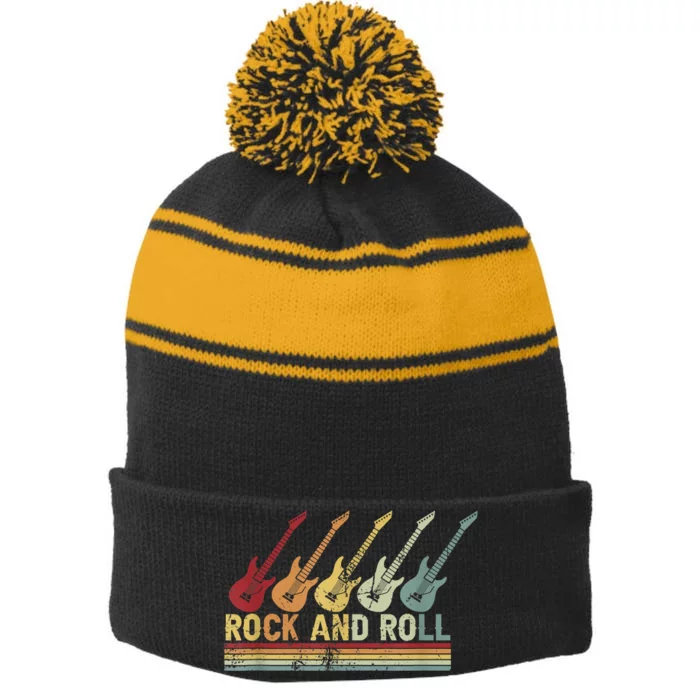 Vintage Retro Rock And Roll Guitar Music Stripe Pom Pom Beanie