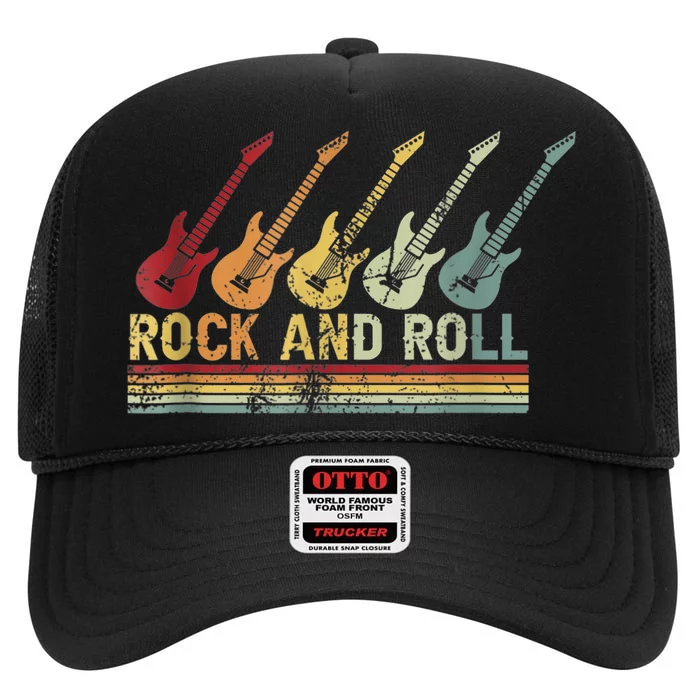 Vintage Retro Rock and Roll Guitar Music High Crown Mesh Trucker Hat