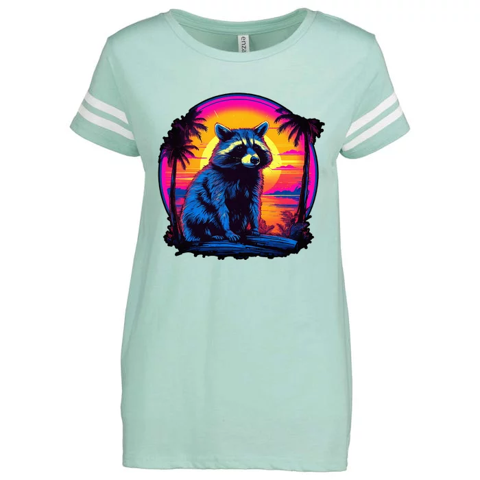 Vintage Retrowave Synthwave 80s Vaporwave Raccoon Enza Ladies Jersey Football T-Shirt