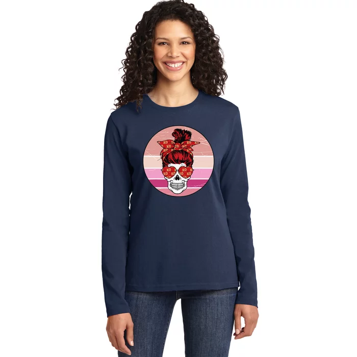 Vintage Retro Skull Valentine's Day Ladies Long Sleeve Shirt