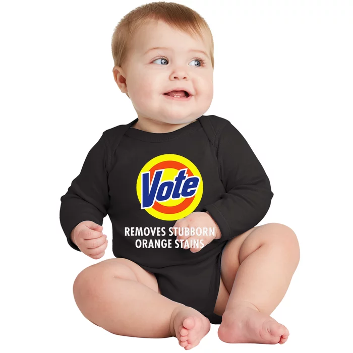 Vote Removes Stubborn Orange Stains Funny Antitrump Baby Long Sleeve Bodysuit