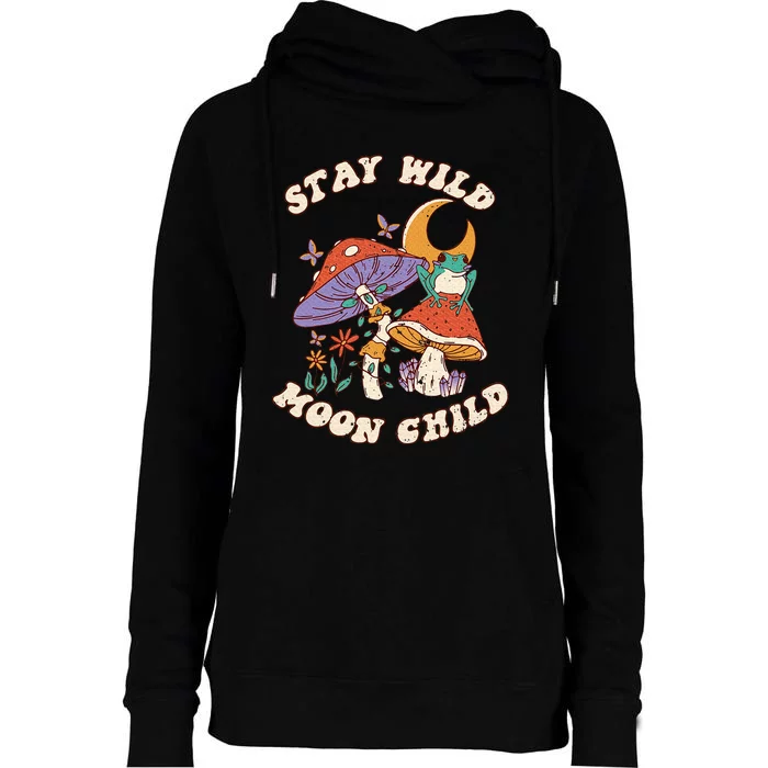 Vintage Retro Stay Wild Moon Child Frog Mushroom Hippie Womens Funnel Neck Pullover Hood