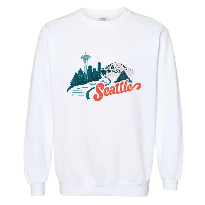 Vintage Retro Seattle Skyline And Nature Landscape Garment-Dyed Sweatshirt