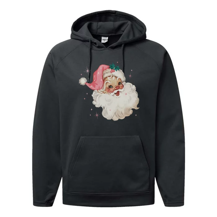 Vintage Retro Santa Christmas Pink Hat Performance Fleece Hoodie