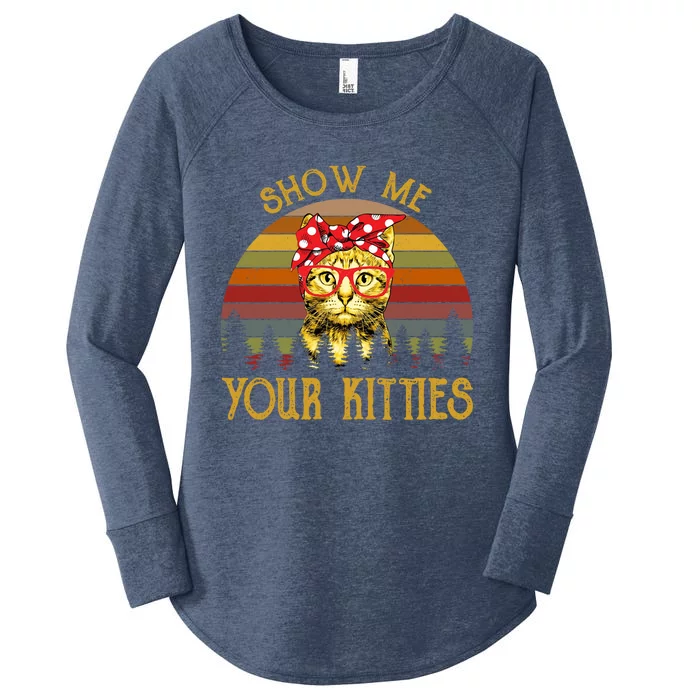 Vintage Retro Show Me Your Kitties Funny Cat Kitten Lover Cute Gift Women's Perfect Tri Tunic Long Sleeve Shirt