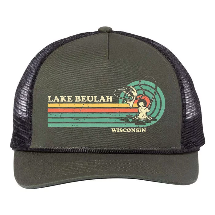 Vintage Retro Summer Fishing Wisconsin Beulah Lake Retro Rope Trucker Hat Cap