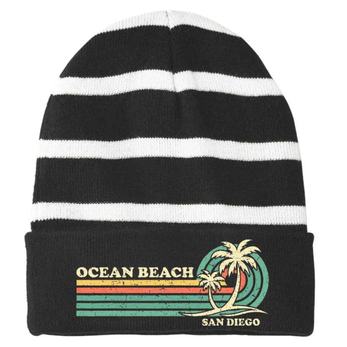 Vintage Retro Summer Vacation San Diego Ocean Beach Striped Beanie with Solid Band