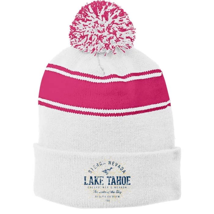 Vintage Retro Style Lake Tahoe Stripe Pom Pom Beanie