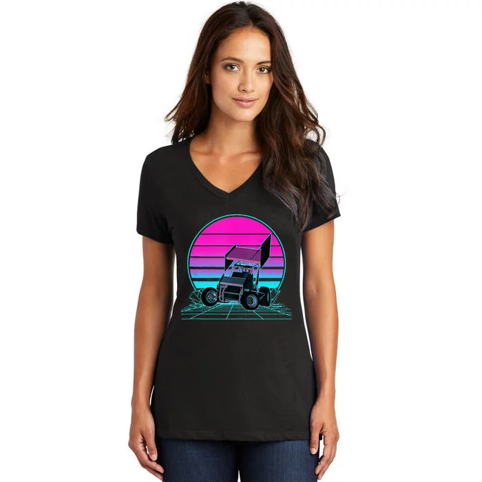 Vintage Retro Sunset Sprint Car Racing Women's V-Neck T-Shirt